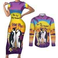Hawaii Penguin Couple Couples Matching Short Sleeve Bodycon Dress and Long Sleeve Button Shirt You Are My Valentine - Tropical Sunset Vibes LT14 Purple - Polynesian Pride