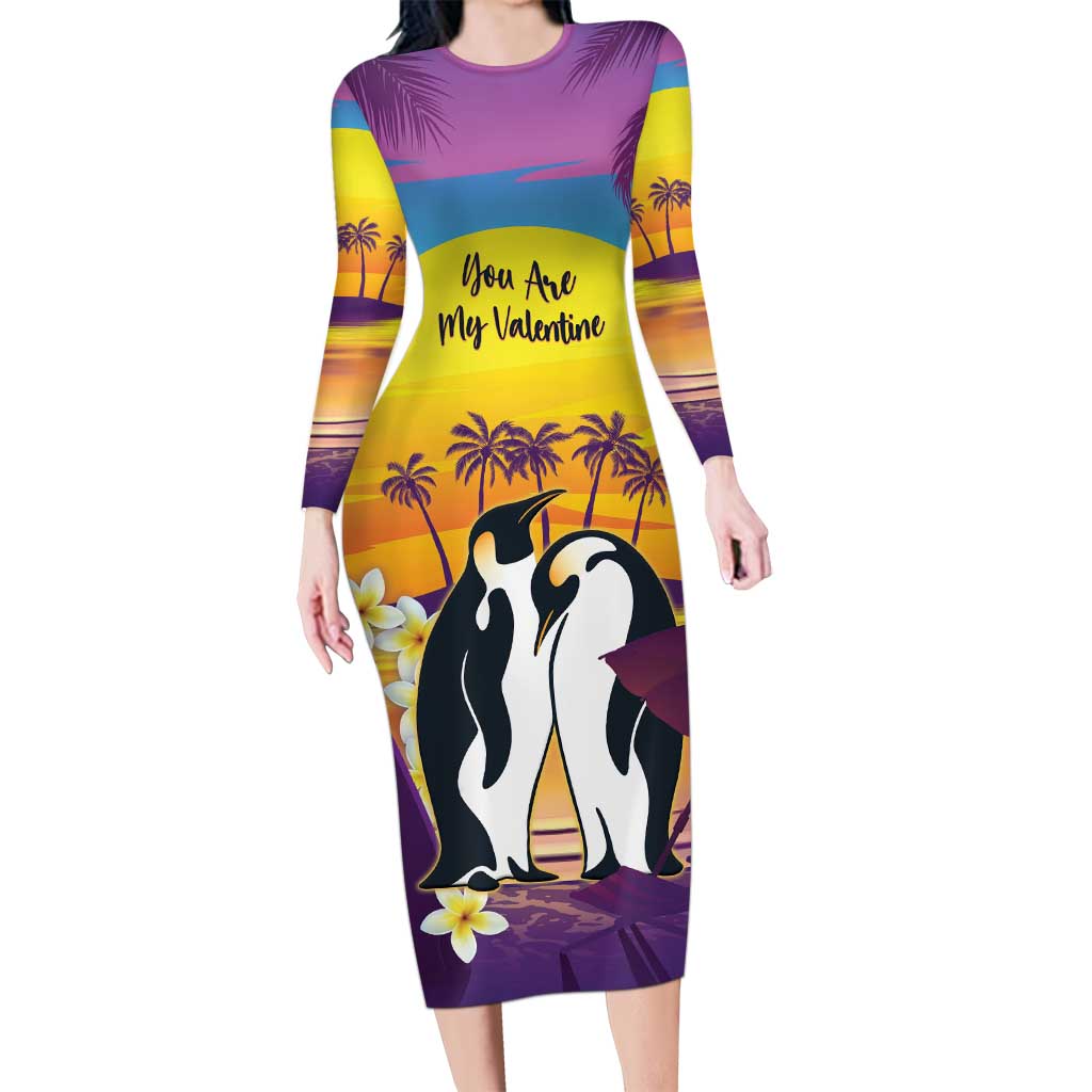 Hawaii Penguin Couple Family Matching Long Sleeve Bodycon Dress and Hawaiian Shirt You Are My Valentine - Tropical Sunset Vibes LT14 Mom's Dress Purple - Polynesian Pride