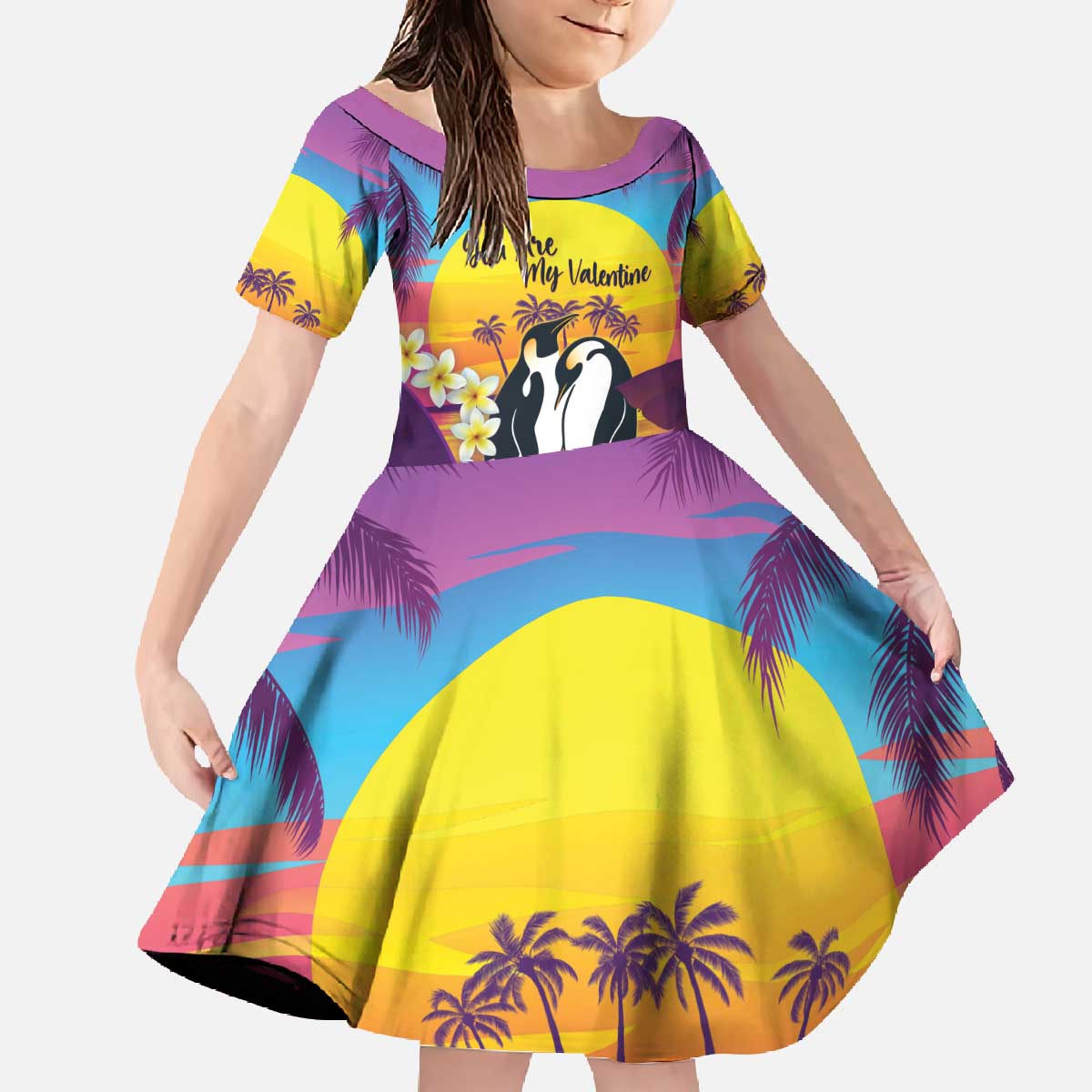 Hawaii Penguin Couple Family Matching Off The Shoulder Long Sleeve Dress and Hawaiian Shirt You Are My Valentine - Tropical Sunset Vibes LT14 Daughter's Dress Purple - Polynesian Pride