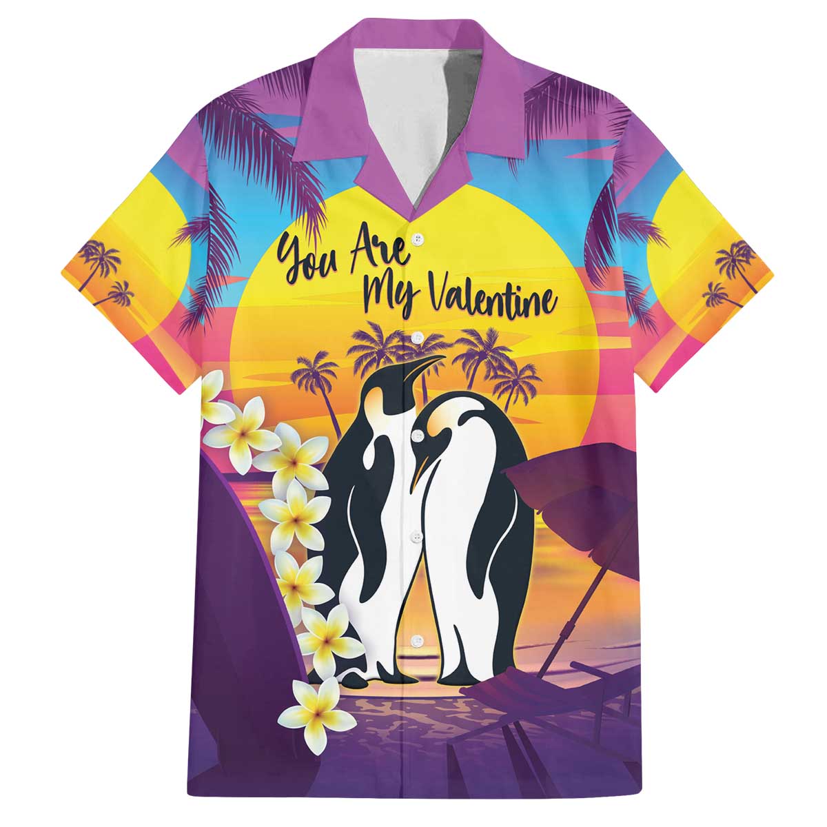 Hawaii Penguin Couple Family Matching Off The Shoulder Long Sleeve Dress and Hawaiian Shirt You Are My Valentine - Tropical Sunset Vibes LT14 Dad's Shirt - Short Sleeve Purple - Polynesian Pride