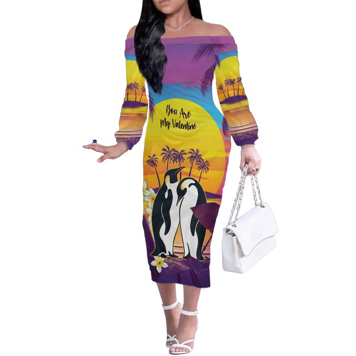 Hawaii Penguin Couple Family Matching Off The Shoulder Long Sleeve Dress and Hawaiian Shirt You Are My Valentine - Tropical Sunset Vibes LT14 Mom's Dress Purple - Polynesian Pride