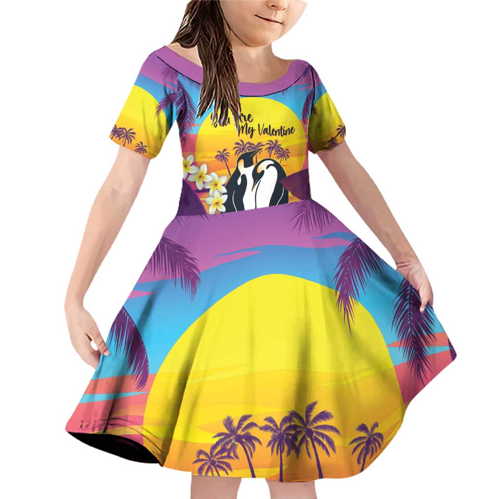 Hawaii Penguin Couple Family Matching Off Shoulder Short Dress and Hawaiian Shirt You Are My Valentine - Tropical Sunset Vibes LT14 Daughter's Dress Purple - Polynesian Pride