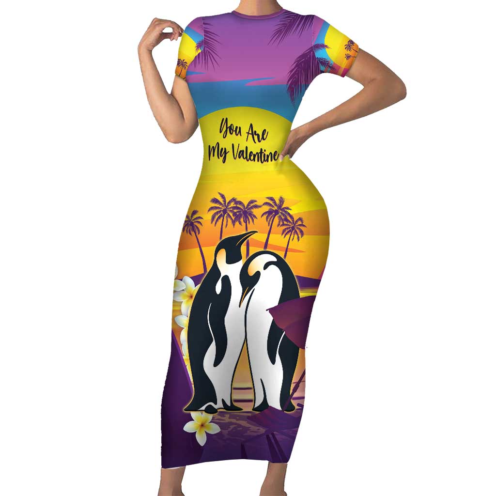 Hawaii Penguin Couple Family Matching Short Sleeve Bodycon Dress and Hawaiian Shirt You Are My Valentine - Tropical Sunset Vibes LT14 Mom's Dress Purple - Polynesian Pride