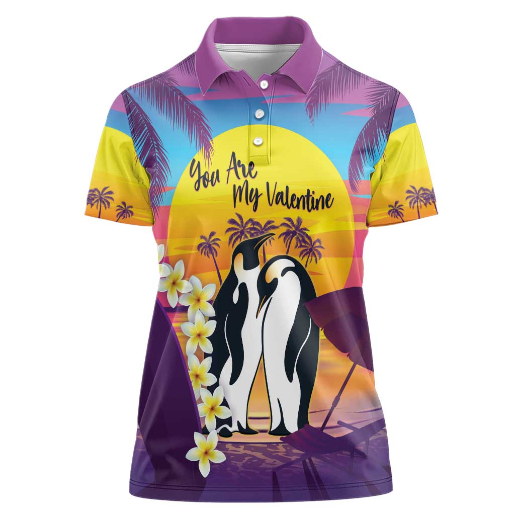 Hawaii Penguin Couple Women Polo Shirt You Are My Valentine - Tropical Sunset Vibes LT14 Female Purple - Polynesian Pride