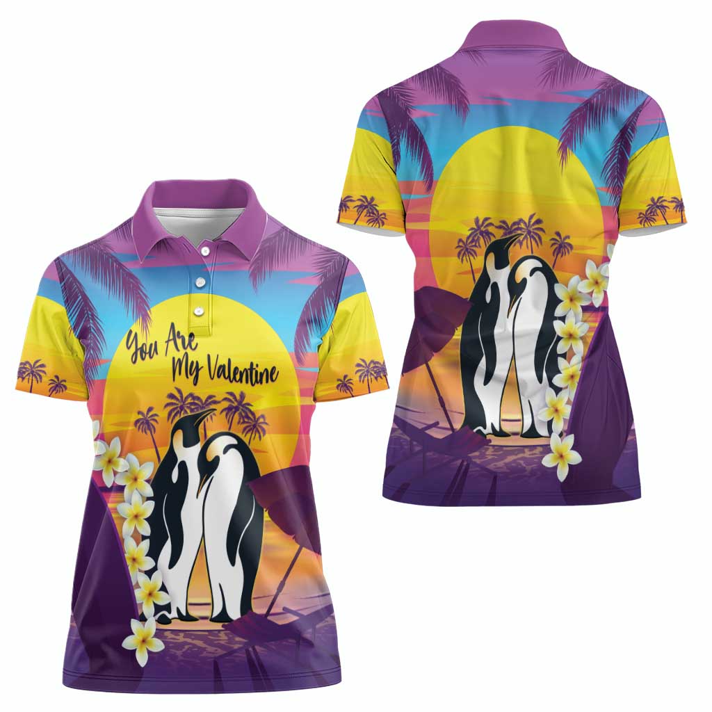 Hawaii Penguin Couple Women Polo Shirt You Are My Valentine - Tropical Sunset Vibes LT14 - Polynesian Pride