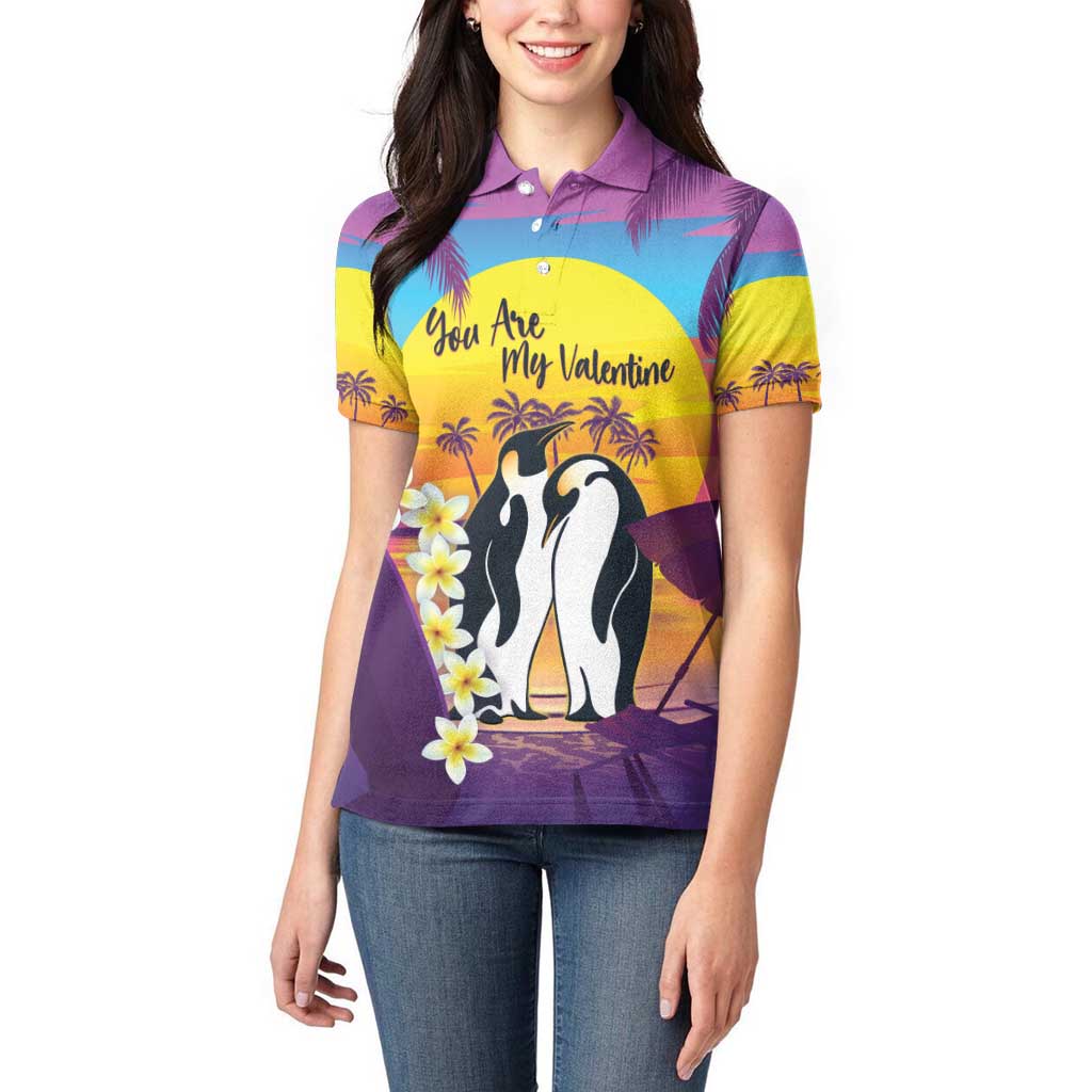 Hawaii Penguin Couple Women Polo Shirt You Are My Valentine - Tropical Sunset Vibes LT14 - Polynesian Pride