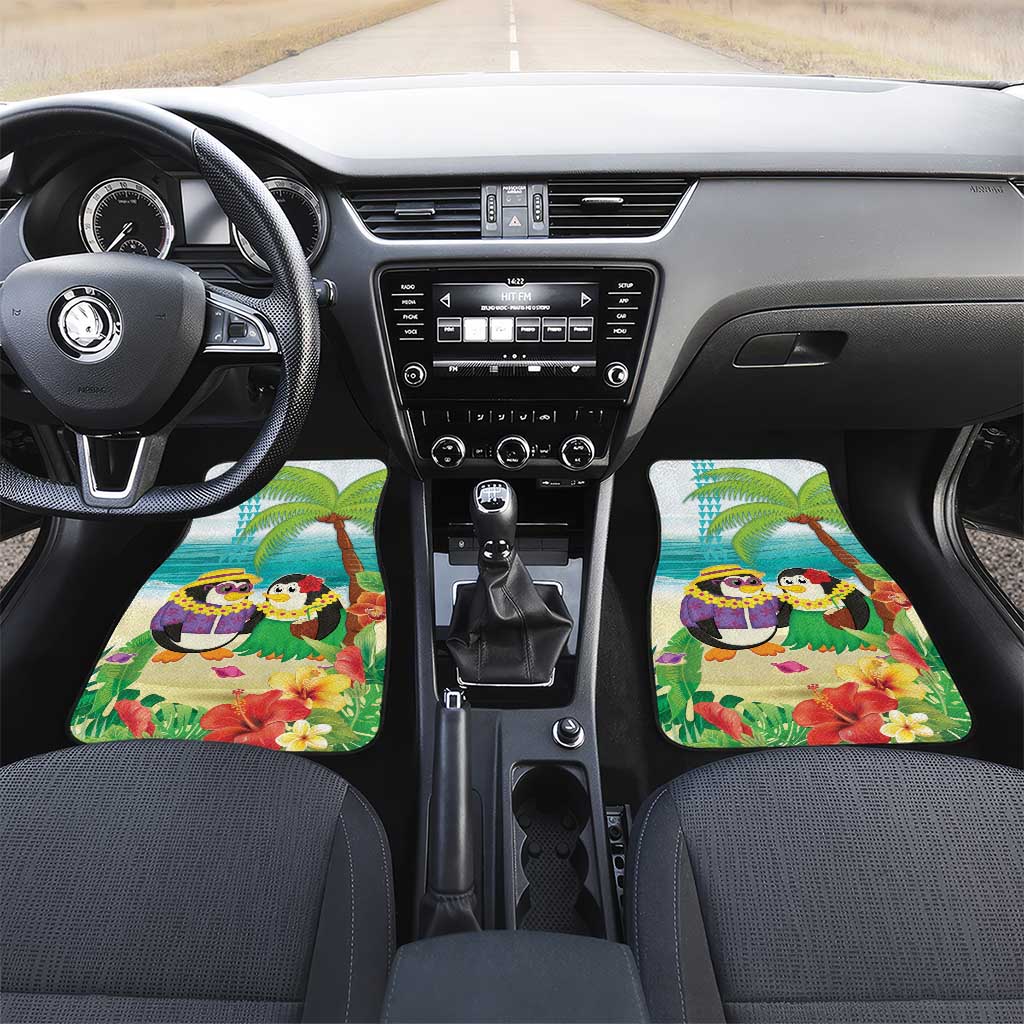Hawaii Penguin Couple Car Mats Hawaiian Kakau - Tropical Summer Vibes LT14 Set 2pcs - Front Cyan - Polynesian Pride