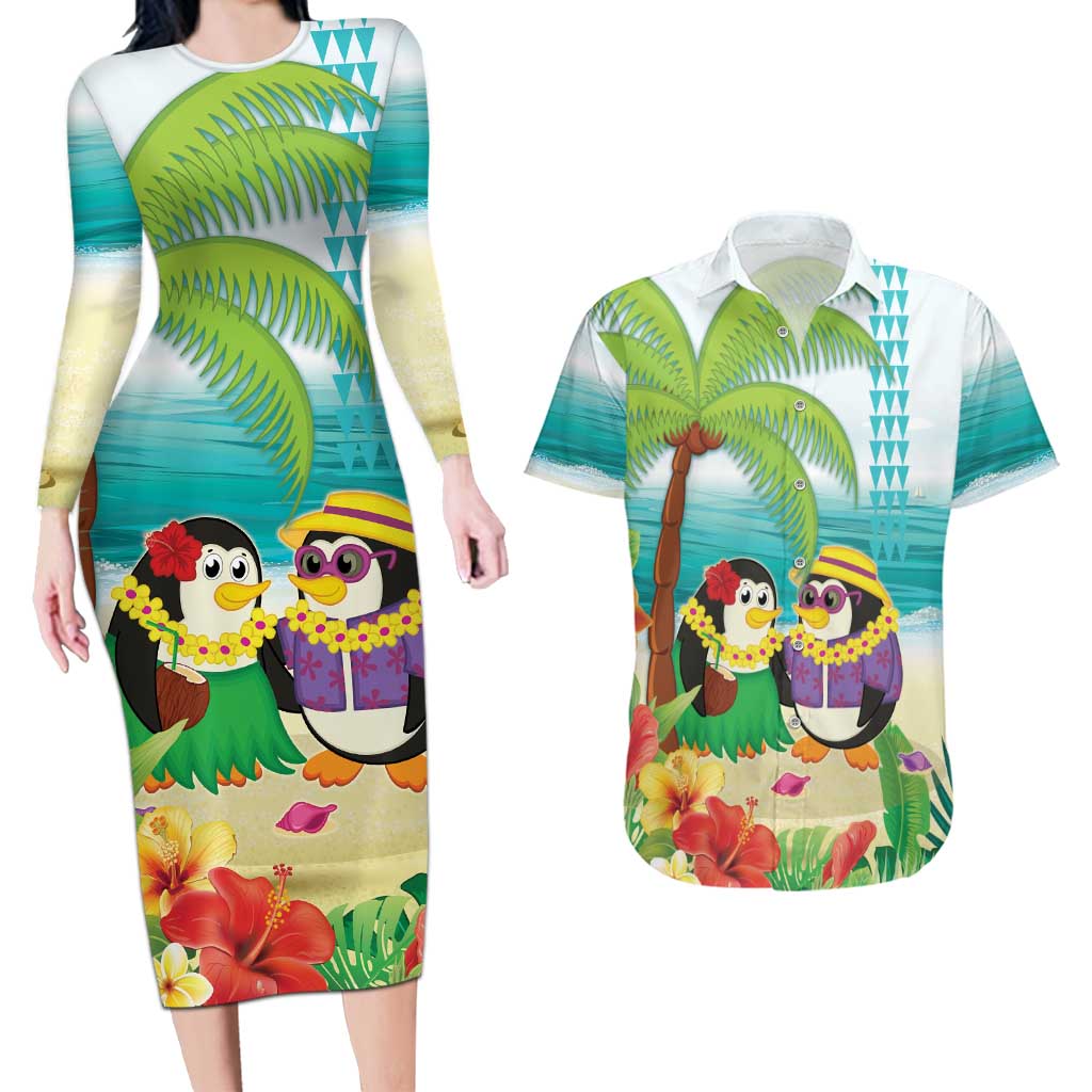 Hawaii Penguin Couple Couples Matching Long Sleeve Bodycon Dress and Hawaiian Shirt Hawaiian Kakau - Tropical Summer Vibes LT14 Cyan - Polynesian Pride