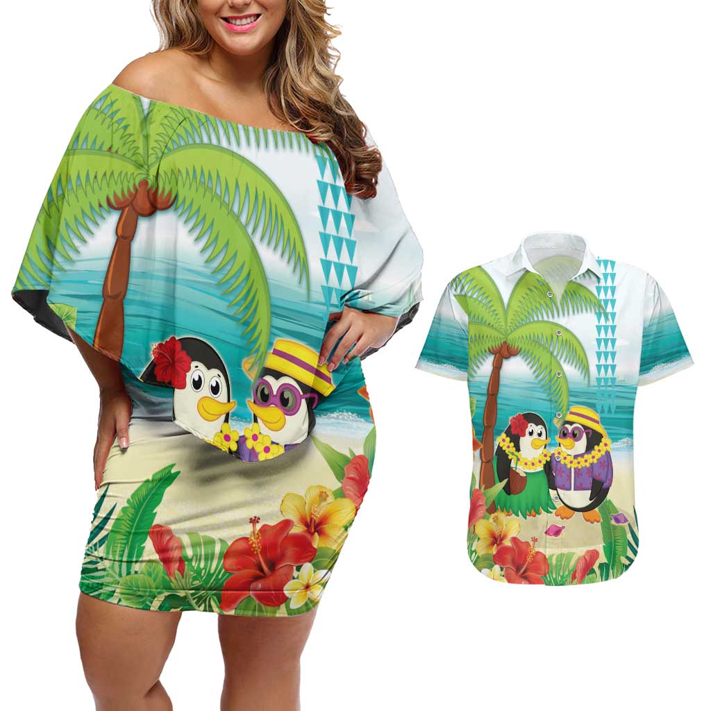 Hawaii Penguin Couple Couples Matching Off Shoulder Short Dress and Hawaiian Shirt Hawaiian Kakau - Tropical Summer Vibes LT14 Cyan - Polynesian Pride