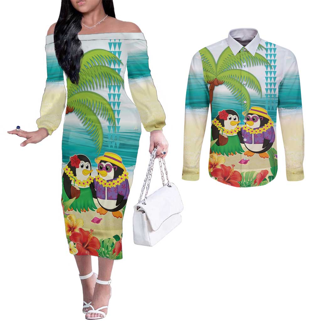 Hawaii Penguin Couple Couples Matching Off The Shoulder Long Sleeve Dress and Long Sleeve Button Shirt Hawaiian Kakau - Tropical Summer Vibes LT14 Cyan - Polynesian Pride
