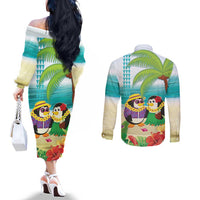 Hawaii Penguin Couple Couples Matching Off The Shoulder Long Sleeve Dress and Long Sleeve Button Shirt Hawaiian Kakau - Tropical Summer Vibes LT14 - Polynesian Pride