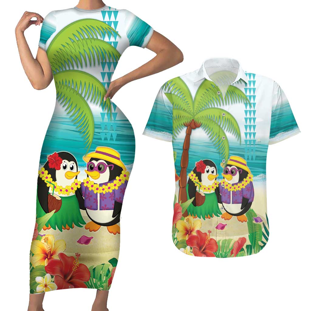 Hawaii Penguin Couple Couples Matching Short Sleeve Bodycon Dress and Hawaiian Shirt Hawaiian Kakau - Tropical Summer Vibes LT14 Cyan - Polynesian Pride