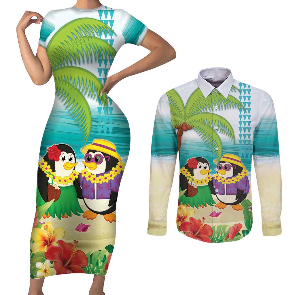 Hawaii Penguin Couple Couples Matching Short Sleeve Bodycon Dress and Long Sleeve Button Shirt Hawaiian Kakau - Tropical Summer Vibes LT14 Cyan - Polynesian Pride