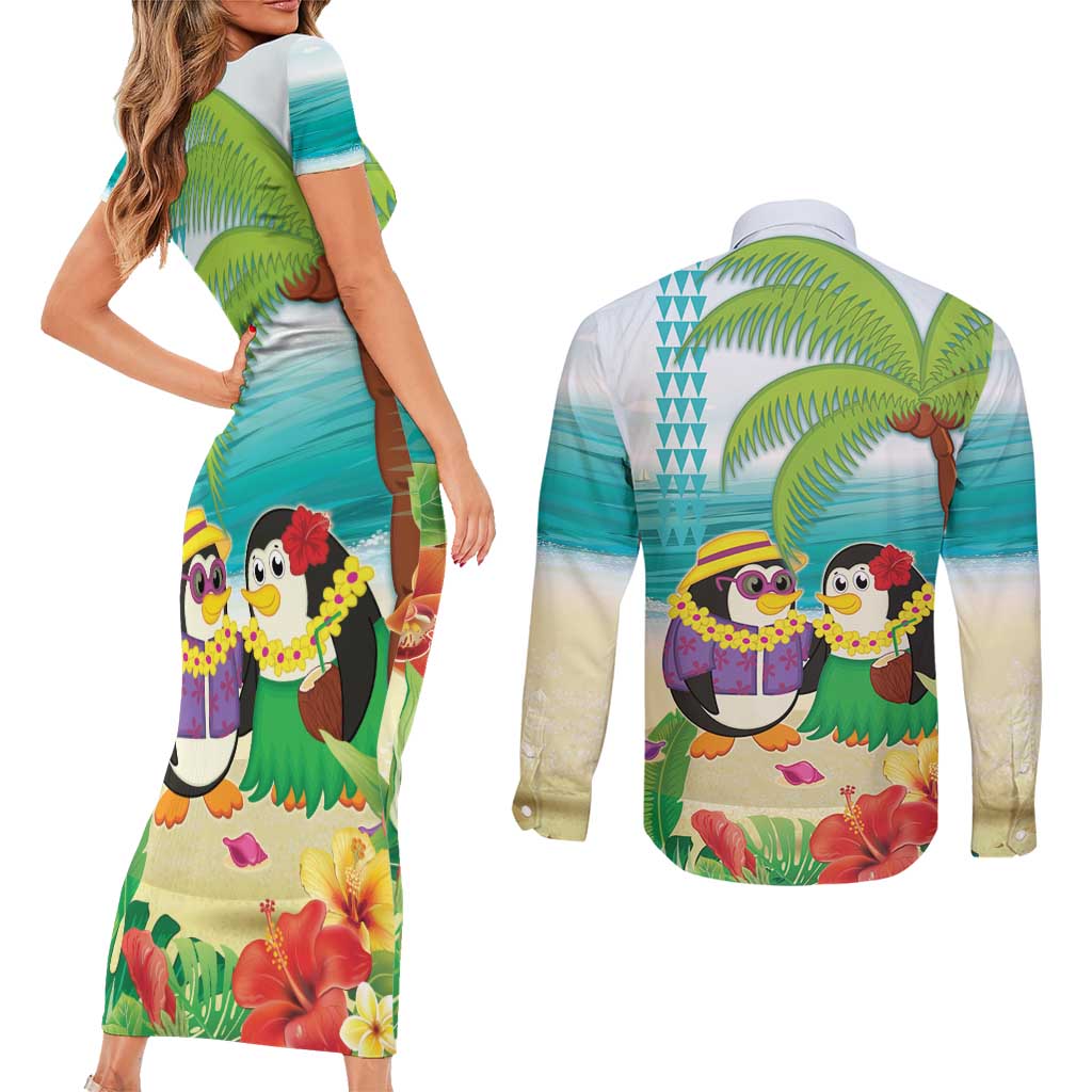 Hawaii Penguin Couple Couples Matching Short Sleeve Bodycon Dress and Long Sleeve Button Shirt Hawaiian Kakau - Tropical Summer Vibes LT14 - Polynesian Pride