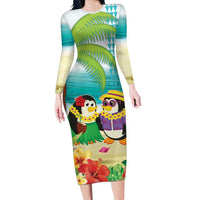 Hawaii Penguin Couple Family Matching Long Sleeve Bodycon Dress and Hawaiian Shirt Hawaiian Kakau - Tropical Summer Vibes LT14 Mom's Dress Cyan - Polynesian Pride