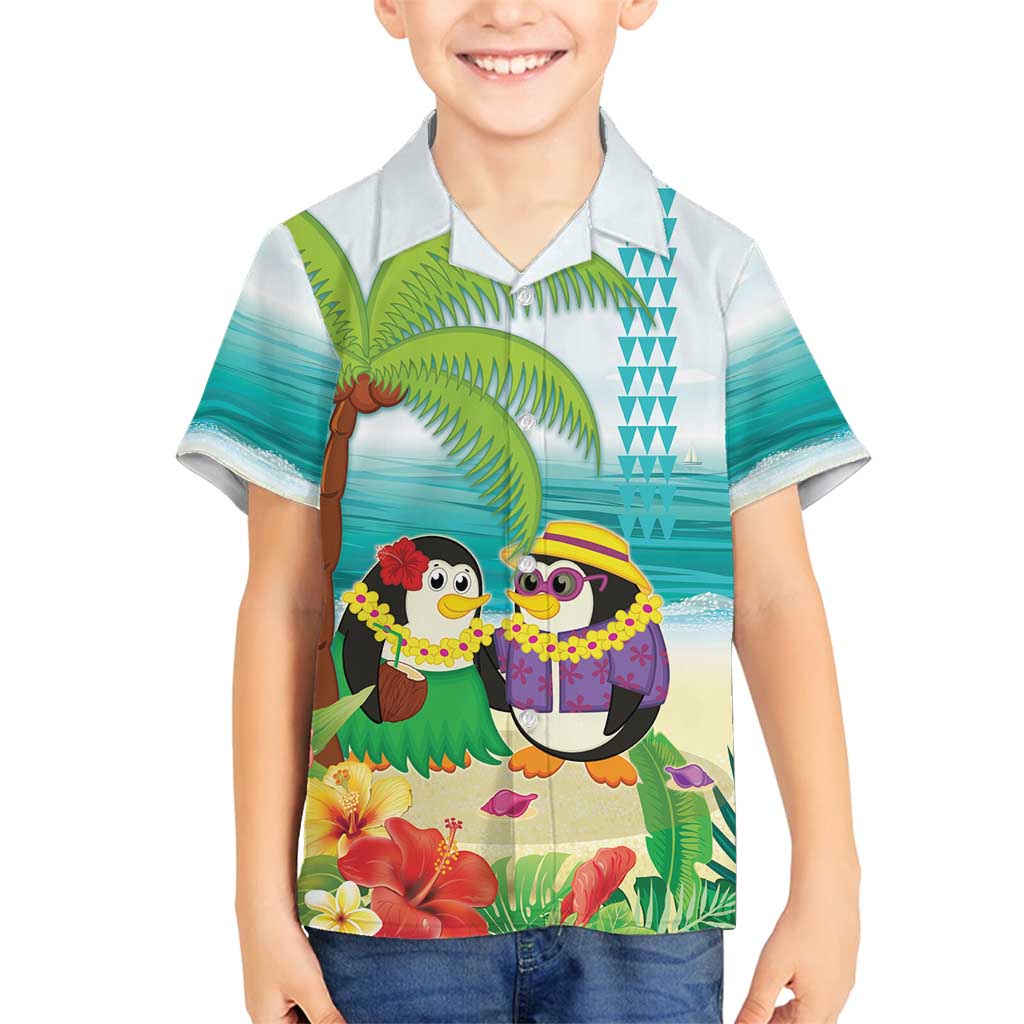 Hawaii Penguin Couple Family Matching Long Sleeve Bodycon Dress and Hawaiian Shirt Hawaiian Kakau - Tropical Summer Vibes LT14 Son's Shirt Cyan - Polynesian Pride