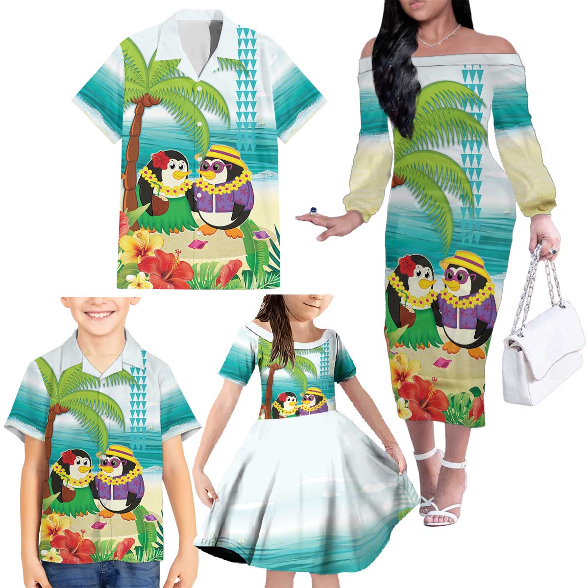 Hawaii Penguin Couple Family Matching Off The Shoulder Long Sleeve Dress and Hawaiian Shirt Hawaiian Kakau - Tropical Summer Vibes LT14 - Polynesian Pride
