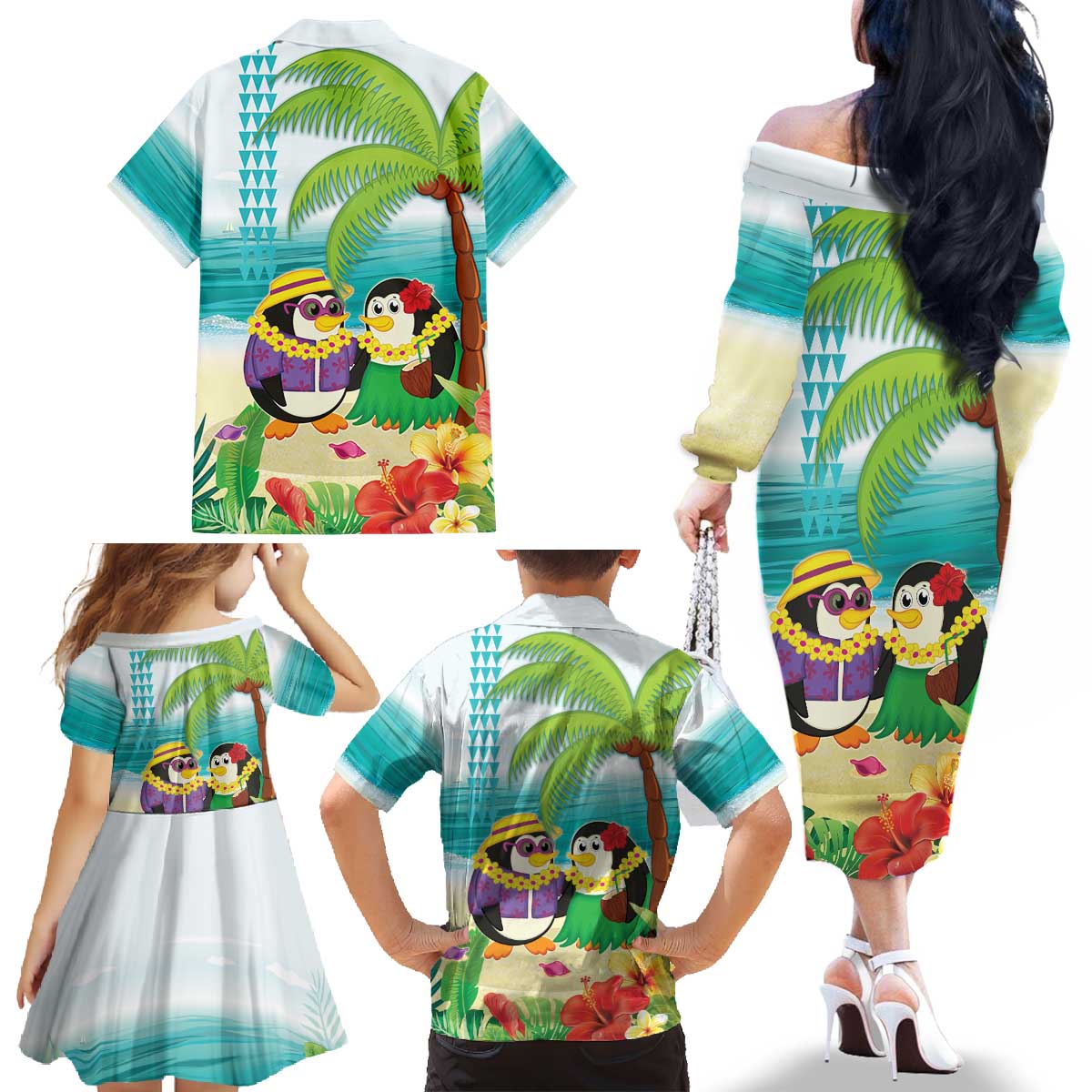 Hawaii Penguin Couple Family Matching Off The Shoulder Long Sleeve Dress and Hawaiian Shirt Hawaiian Kakau - Tropical Summer Vibes LT14 - Polynesian Pride