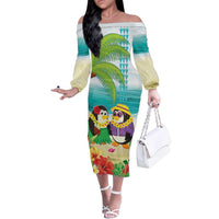 Hawaii Penguin Couple Family Matching Off The Shoulder Long Sleeve Dress and Hawaiian Shirt Hawaiian Kakau - Tropical Summer Vibes LT14 Mom's Dress Cyan - Polynesian Pride