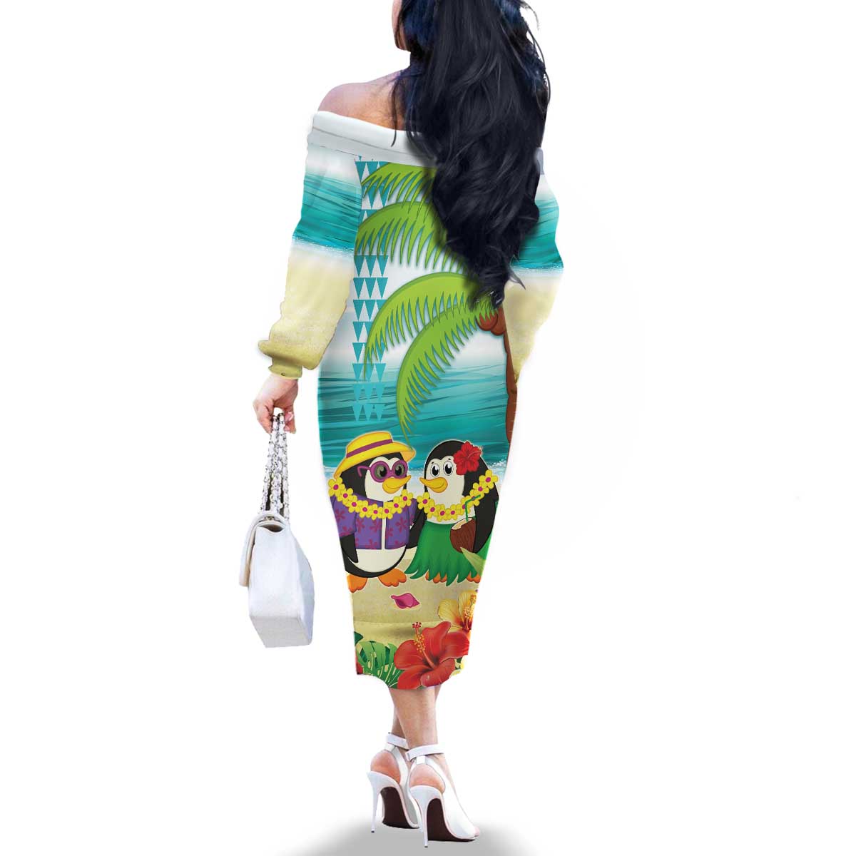 Hawaii Penguin Couple Family Matching Off The Shoulder Long Sleeve Dress and Hawaiian Shirt Hawaiian Kakau - Tropical Summer Vibes LT14 - Polynesian Pride