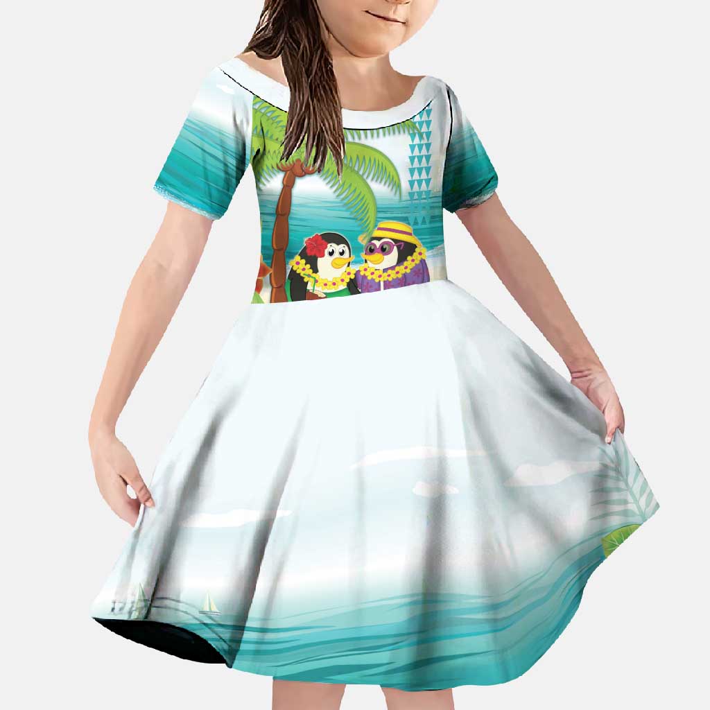 Hawaii Penguin Couple Family Matching Off Shoulder Maxi Dress and Hawaiian Shirt Hawaiian Kakau - Tropical Summer Vibes LT14 Daughter's Dress Cyan - Polynesian Pride