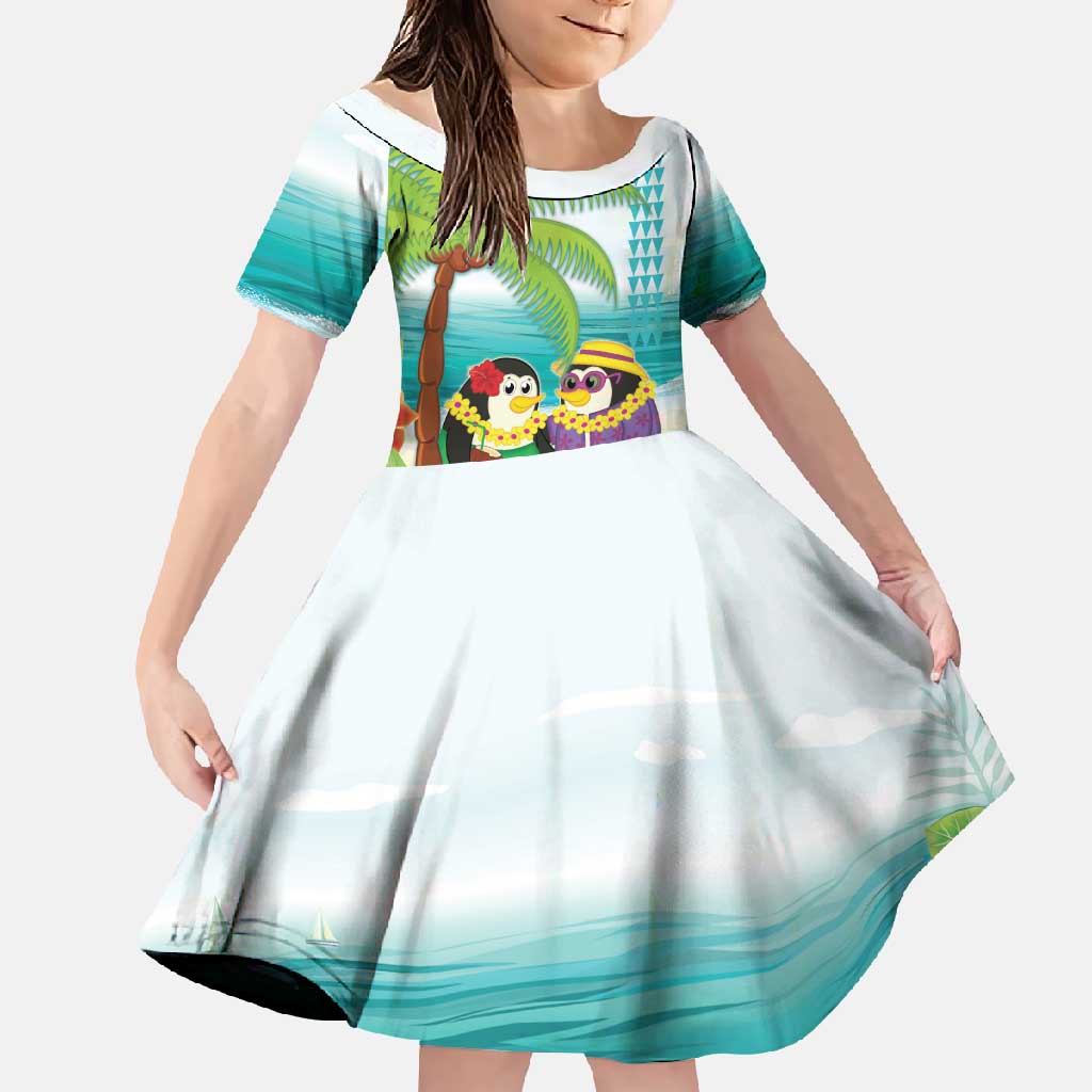 Hawaii Penguin Couple Family Matching Summer Maxi Dress and Hawaiian Shirt Hawaiian Kakau - Tropical Summer Vibes LT14 Daughter's Dress Cyan - Polynesian Pride