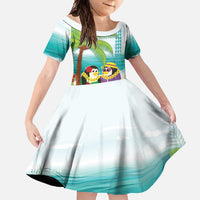 Hawaii Penguin Couple Family Matching Summer Maxi Dress and Hawaiian Shirt Hawaiian Kakau - Tropical Summer Vibes LT14 Daughter's Dress Cyan - Polynesian Pride