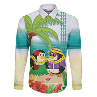 Hawaii Penguin Couple Family Matching Summer Maxi Dress and Hawaiian Shirt Hawaiian Kakau - Tropical Summer Vibes LT14 Dad's Shirt - Long Sleeve Cyan - Polynesian Pride