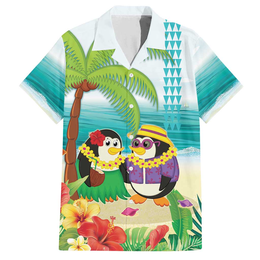 Hawaii Penguin Couple Family Matching Tank Maxi Dress and Hawaiian Shirt Hawaiian Kakau - Tropical Summer Vibes LT14 Dad's Shirt - Short Sleeve Cyan - Polynesian Pride