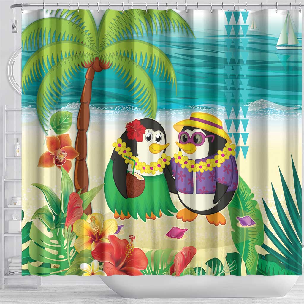 Hawaii Penguin Couple Shower Curtain Hawaiian Kakau - Tropical Summer Vibes