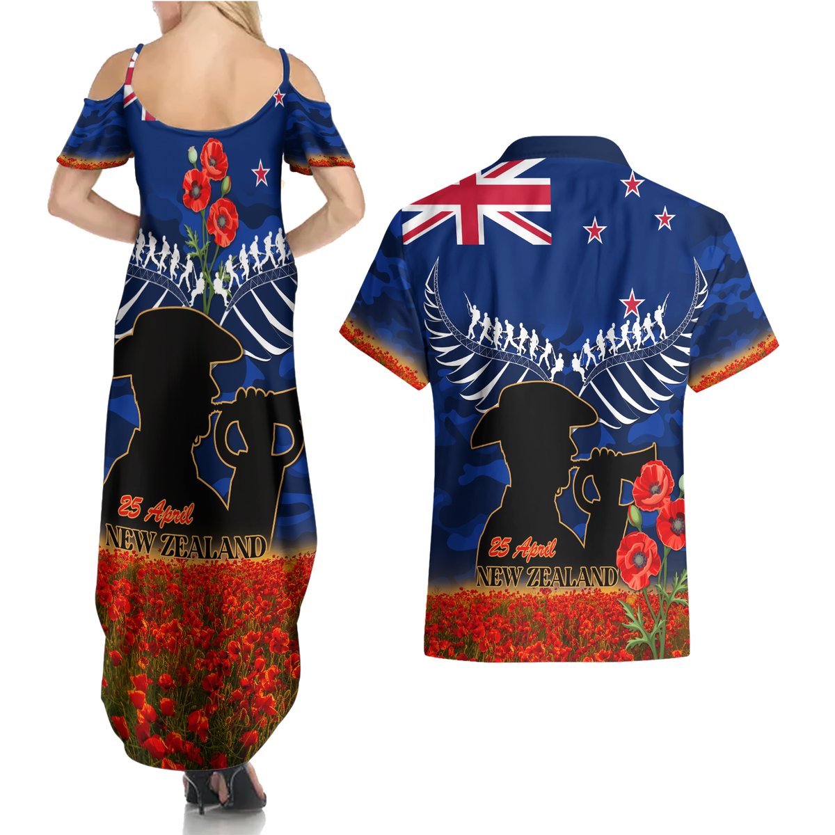 New Zealand ANZAC Day Couples Matching Summer Maxi Dress and Hawaiian Shirt 25 April Last Post Camouflage With Poppies LT14 - Polynesian Pride