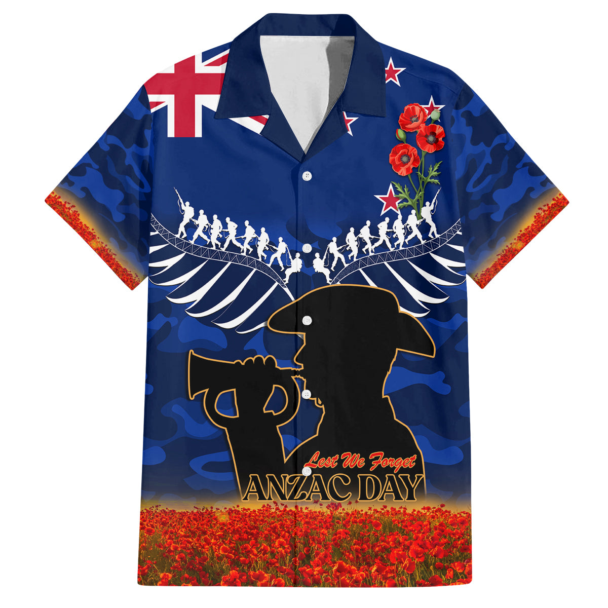 New Zealand ANZAC Day Family Matching Off Shoulder Short Dress and Hawaiian Shirt 25 April Last Post Camouflage With Poppies LT14 Dad's Shirt - Short Sleeve Blue - Polynesian Pride