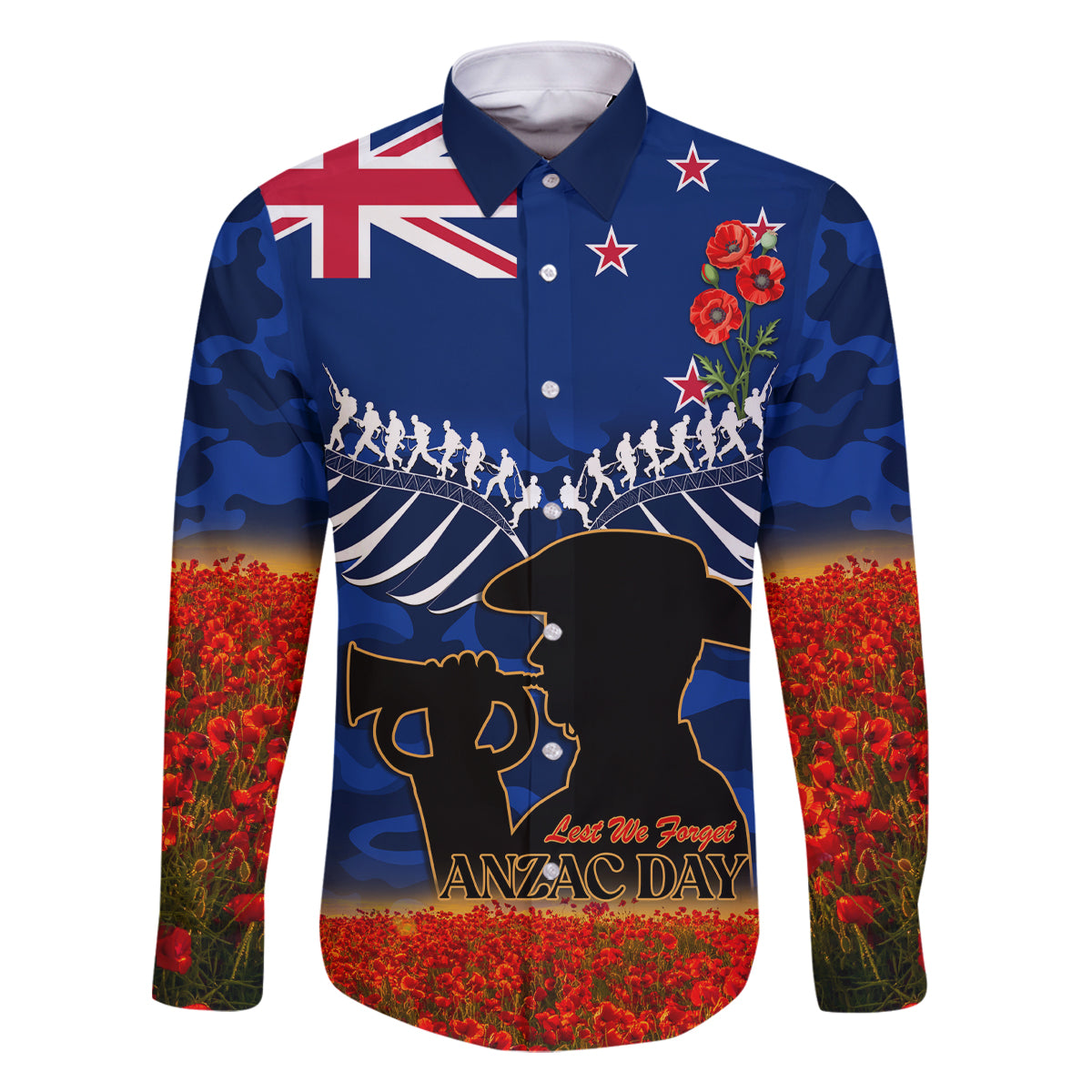 New Zealand ANZAC Day Family Matching Tank Maxi Dress and Hawaiian Shirt 25 April Last Post Camouflage With Poppies LT14 Dad's Shirt - Long Sleeve Blue - Polynesian Pride