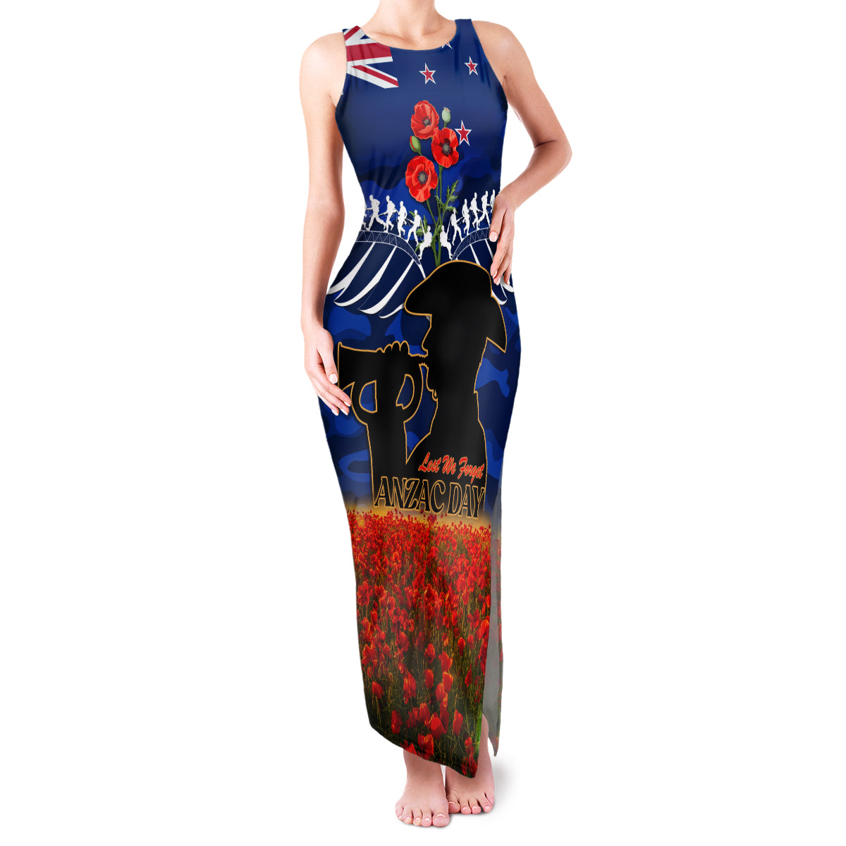 New Zealand ANZAC Day Family Matching Tank Maxi Dress and Hawaiian Shirt 25 April Last Post Camouflage With Poppies LT14 Mom's Dress Blue - Polynesian Pride