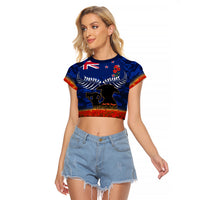 New Zealand ANZAC Day Raglan Cropped T Shirt 25 April Last Post Camouflage With Poppies LT14 Female Blue - Polynesian Pride