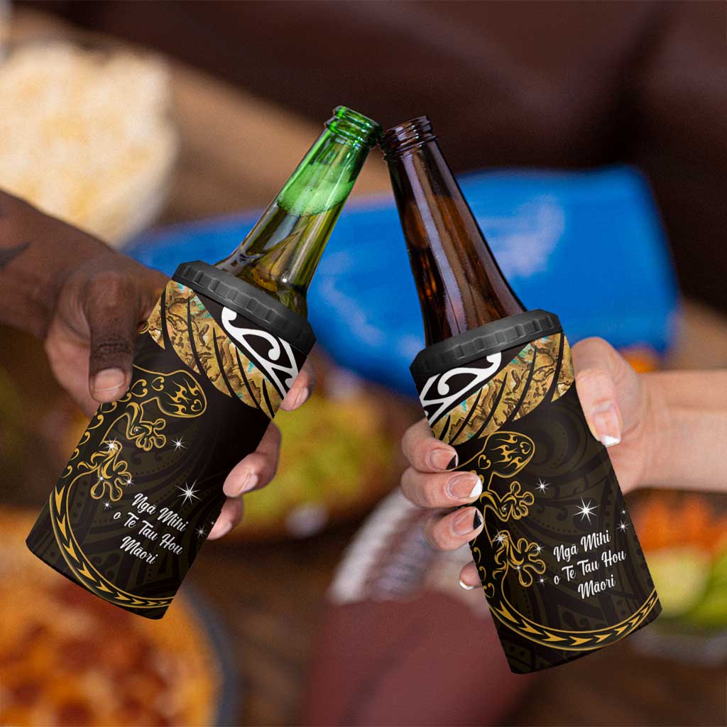 New Zealand Matariki 4 in 1 Can Cooler Tumbler Maori New Year Silver Fern And Lizard - Gold LT14 - Polynesian Pride