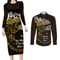 New Zealand Matariki Couples Matching Long Sleeve Bodycon Dress and Long Sleeve Button Shirt Maori New Year Silver Fern And Lizard - Gold LT14 Gold - Polynesian Pride