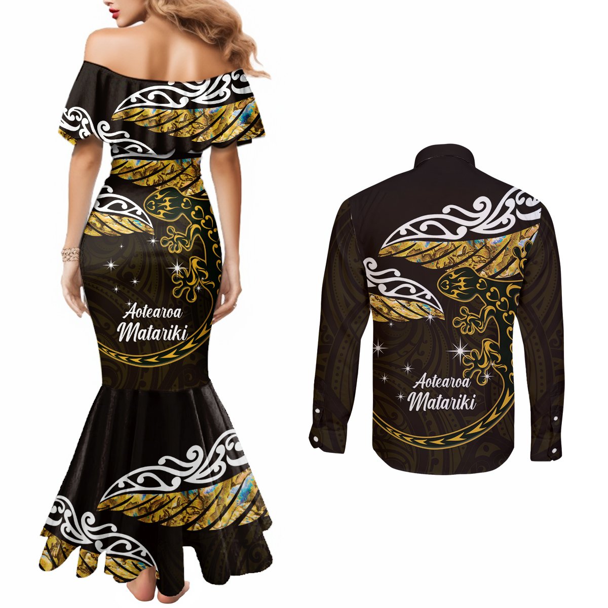 New Zealand Matariki Couples Matching Mermaid Dress and Long Sleeve Button Shirt Maori New Year Silver Fern And Lizard - Gold LT14 - Polynesian Pride