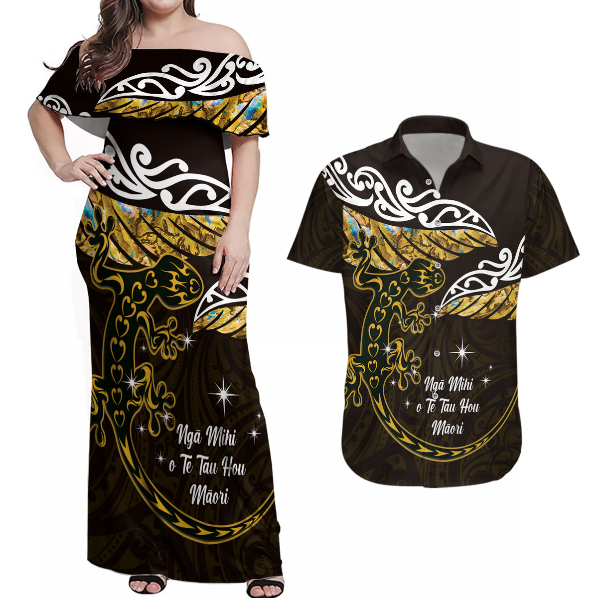 New Zealand Matariki Couples Matching Off Shoulder Maxi Dress and Hawaiian Shirt Maori New Year Silver Fern And Lizard - Gold LT14 Gold - Polynesian Pride