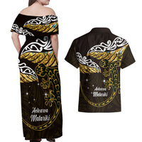 New Zealand Matariki Couples Matching Off Shoulder Maxi Dress and Hawaiian Shirt Maori New Year Silver Fern And Lizard - Gold LT14 - Polynesian Pride