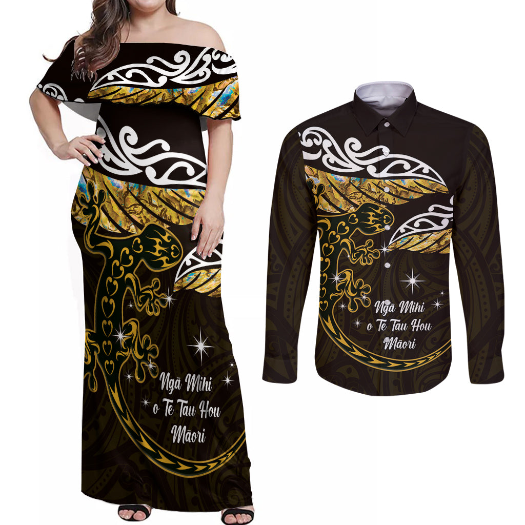 New Zealand Matariki Couples Matching Off Shoulder Maxi Dress and Long Sleeve Button Shirt Maori New Year Silver Fern And Lizard - Gold LT14 Gold - Polynesian Pride