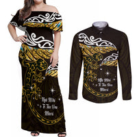 New Zealand Matariki Couples Matching Off Shoulder Maxi Dress and Long Sleeve Button Shirt Maori New Year Silver Fern And Lizard - Gold LT14 Gold - Polynesian Pride