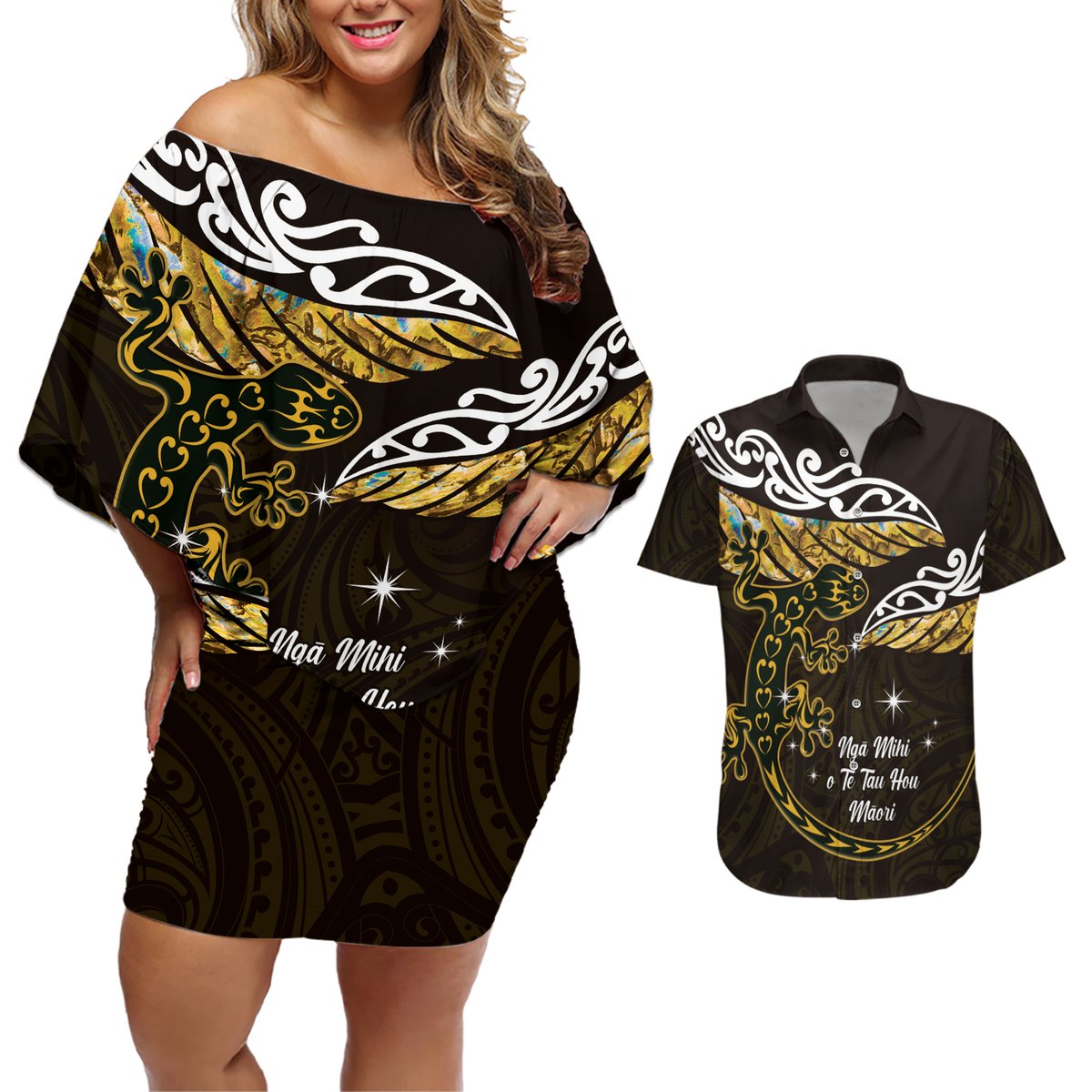 New Zealand Matariki Couples Matching Off Shoulder Short Dress and Hawaiian Shirt Maori New Year Silver Fern And Lizard - Gold LT14 Gold - Polynesian Pride