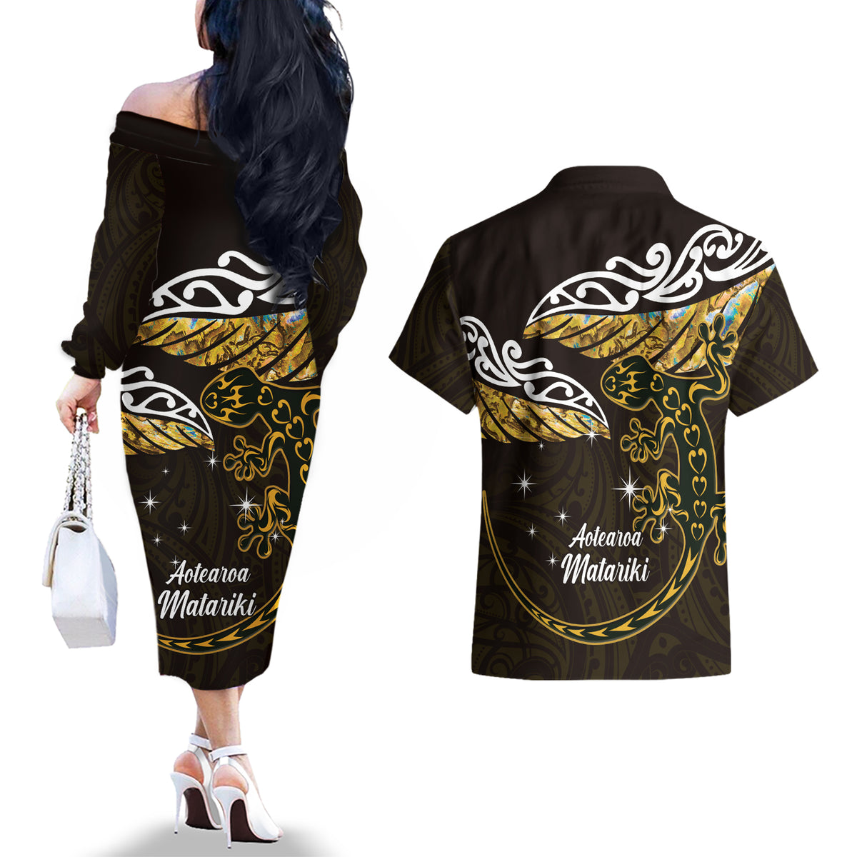 New Zealand Matariki Couples Matching Off The Shoulder Long Sleeve Dress and Hawaiian Shirt Maori New Year Silver Fern And Lizard - Gold LT14 - Polynesian Pride