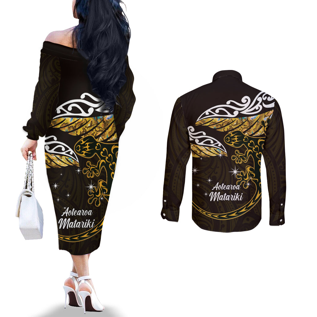 New Zealand Matariki Couples Matching Off The Shoulder Long Sleeve Dress and Long Sleeve Button Shirt Maori New Year Silver Fern And Lizard - Gold LT14 - Polynesian Pride