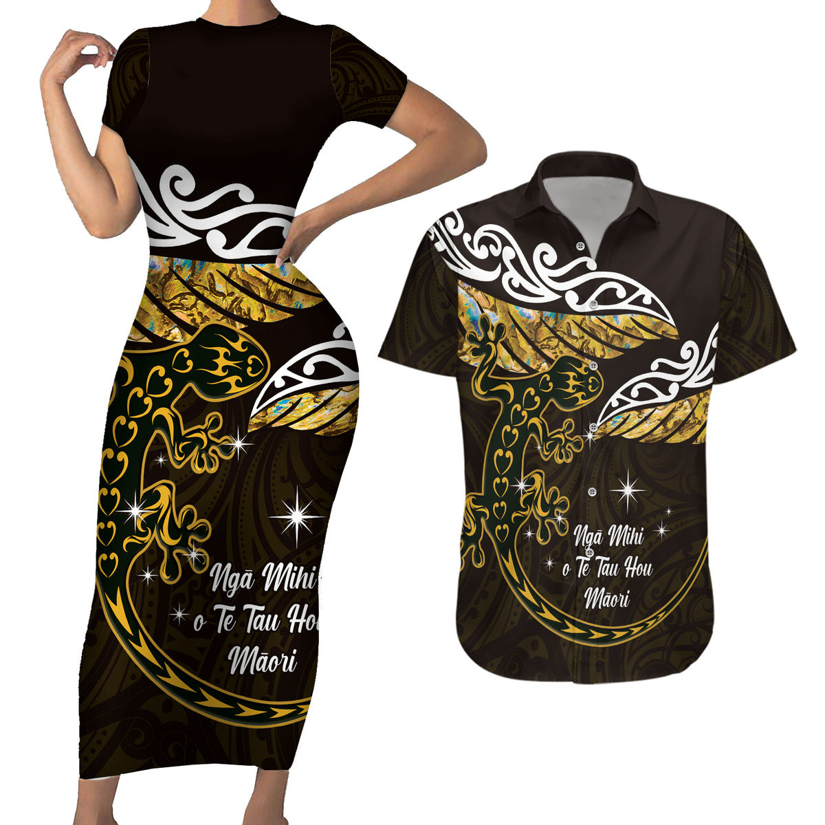 New Zealand Matariki Couples Matching Short Sleeve Bodycon Dress and Hawaiian Shirt Maori New Year Silver Fern And Lizard - Gold LT14 Gold - Polynesian Pride