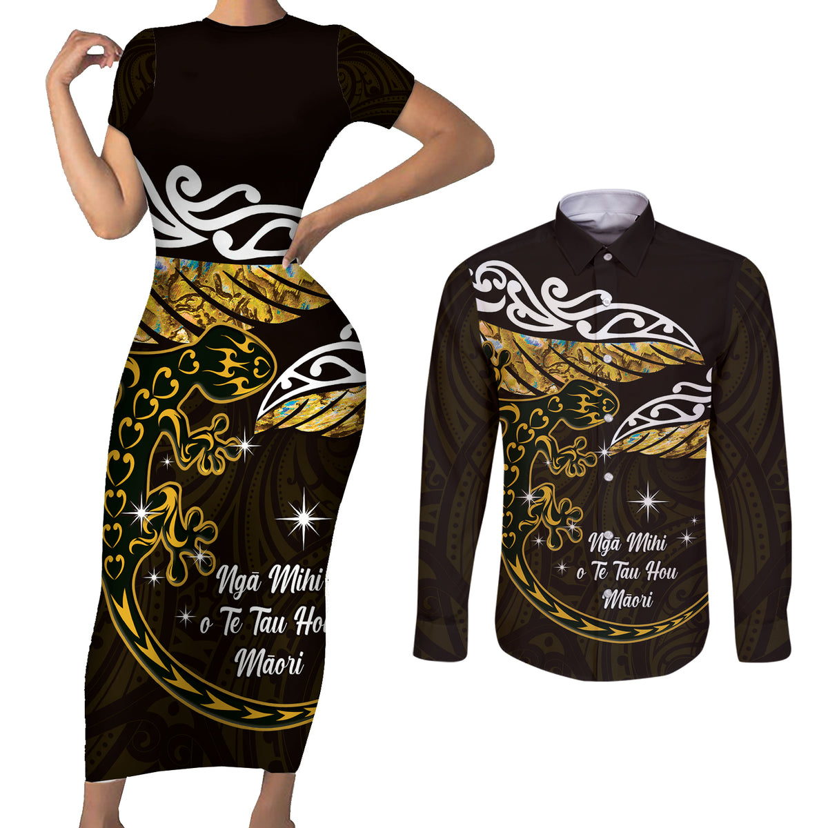 New Zealand Matariki Couples Matching Short Sleeve Bodycon Dress and Long Sleeve Button Shirt Maori New Year Silver Fern And Lizard - Gold LT14 Gold - Polynesian Pride