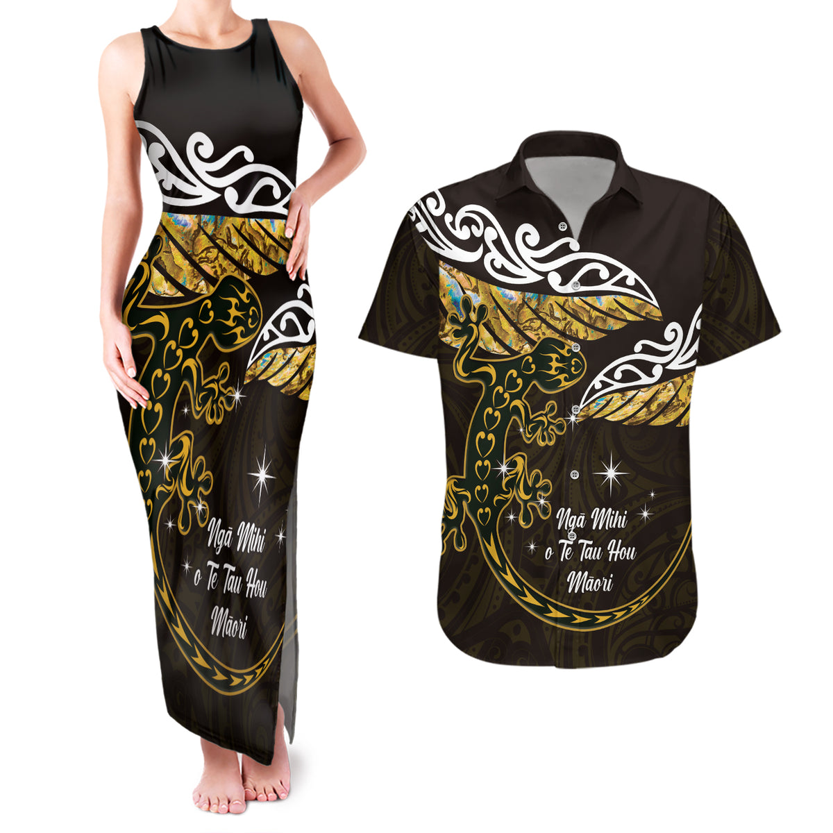 New Zealand Matariki Couples Matching Tank Maxi Dress and Hawaiian Shirt Maori New Year Silver Fern And Lizard - Gold LT14 Gold - Polynesian Pride