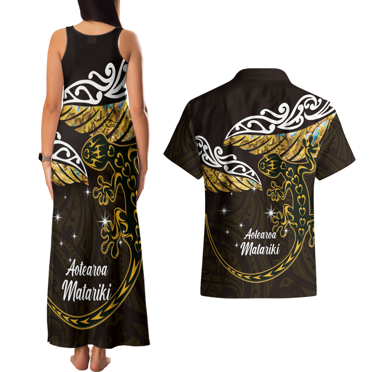 New Zealand Matariki Couples Matching Tank Maxi Dress and Hawaiian Shirt Maori New Year Silver Fern And Lizard - Gold LT14 - Polynesian Pride