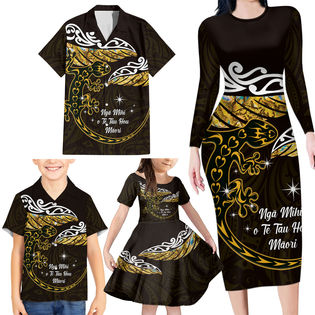 New Zealand Matariki Family Matching Long Sleeve Bodycon Dress and Hawaiian Shirt Maori New Year Silver Fern And Lizard - Gold LT14 - Polynesian Pride